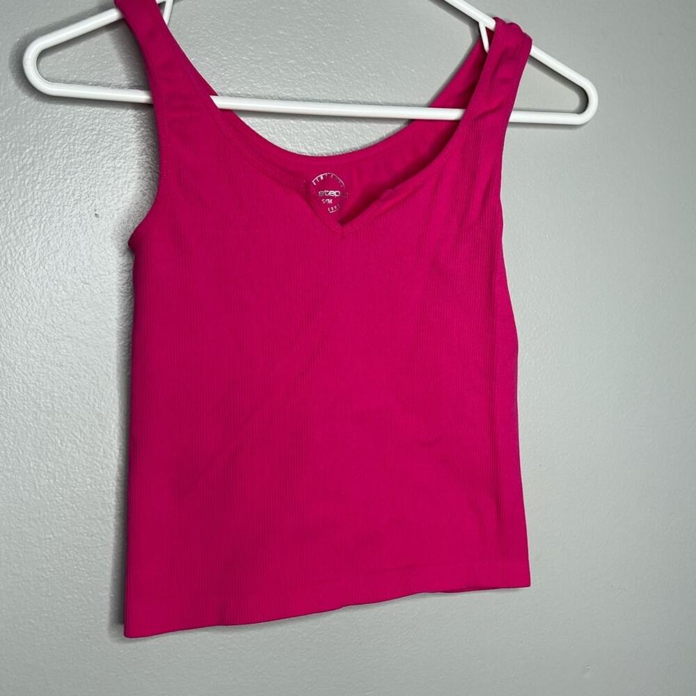 Pink Apana Ribbed V Neck Semi Cropped Fitted Stretchy Womens Tank Top S/M
